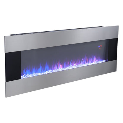 50/60 Inch Silver Electric Fireplace Crystal Accents 6 Flame Colour Heater Wall Mounted Fireplaces
