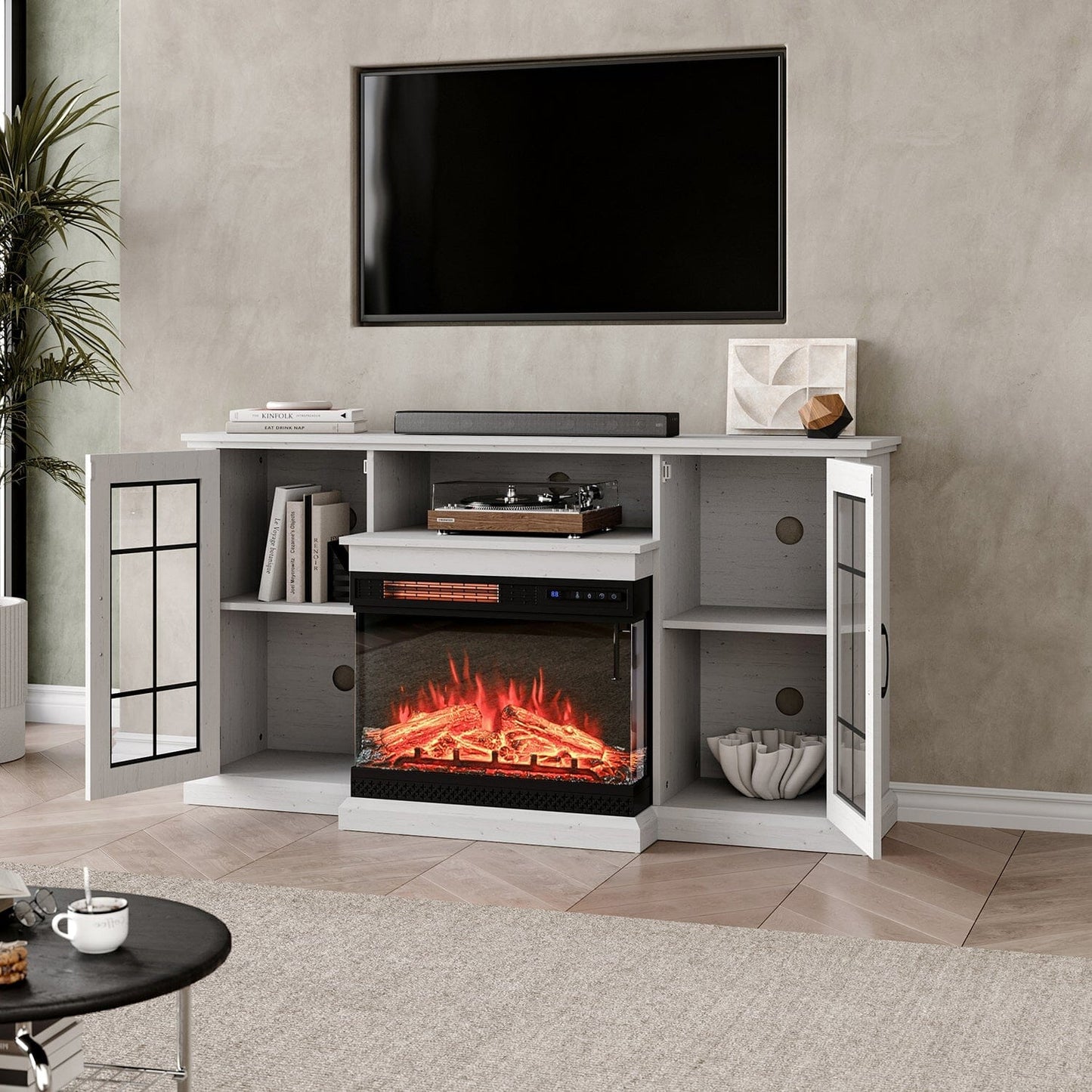 Smallbee 3-Sided Fireplace TV Stand Wood With Glass Door Storage