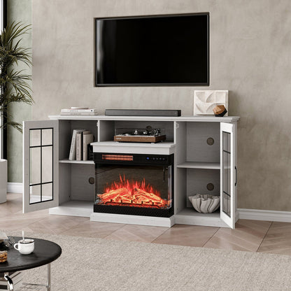 Smallbee 3-Sided Fireplace TV Stand Wood With Glass Door Storage