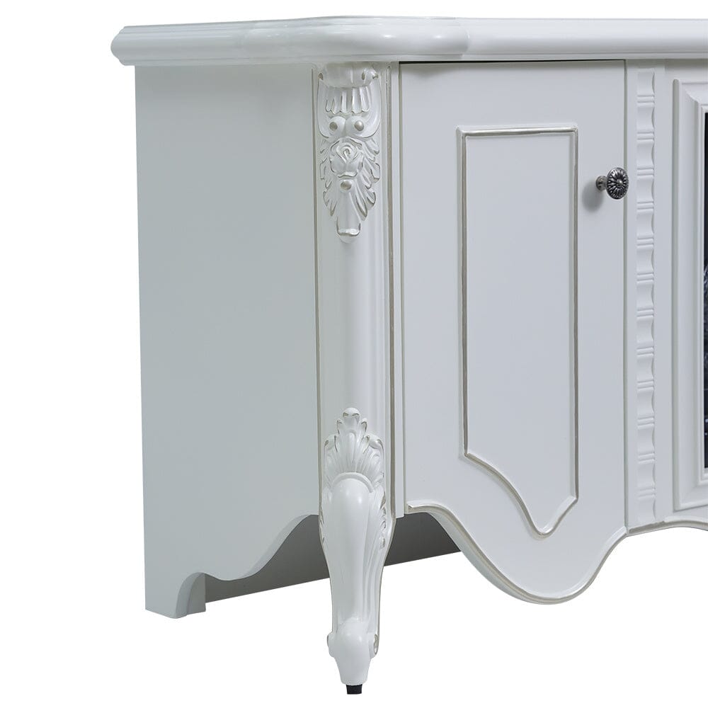 Elegant White Resin Carved TV Stand with Integrated Fireplace Cabinet