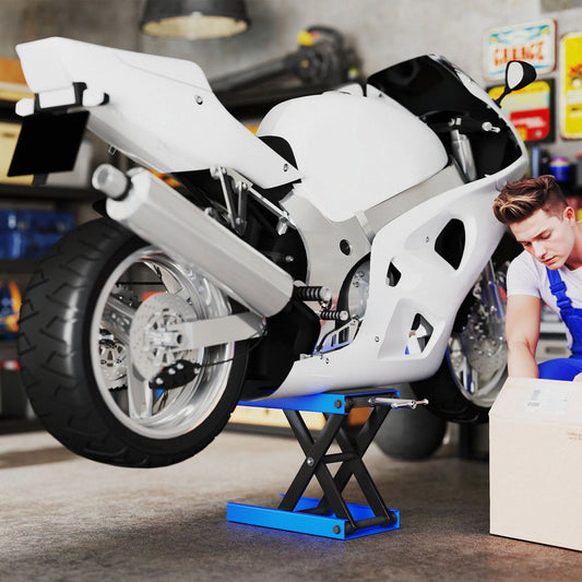 Podnośnik nożycowy do motocykli DURHAND 500 kg, regulowany stojak na motocykl z antypoślizgową, szeroką platformą, wytrzymały stalowy podnośnik do naprawy motocykli do garażu domowego, niebieski