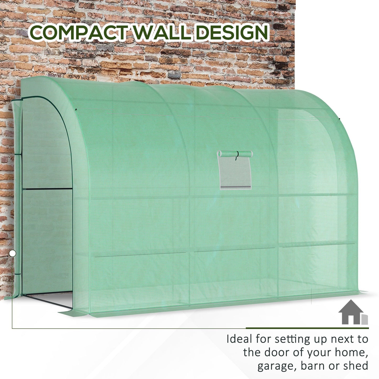 Outsunny Walk-In Lean to Greenhouse z oknami i drzwiami zamykanymi na suwak, 2 poziomy, 6 półek z siatki, 300L x 150W x 213Hcm, zielony