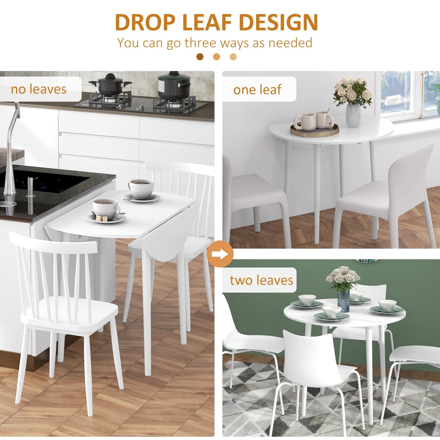 Retro Style Folding Dining Table, Round Drop Leaf Table, Space Saving Small Kitchen Table with Wood Legs for Dining Room, White