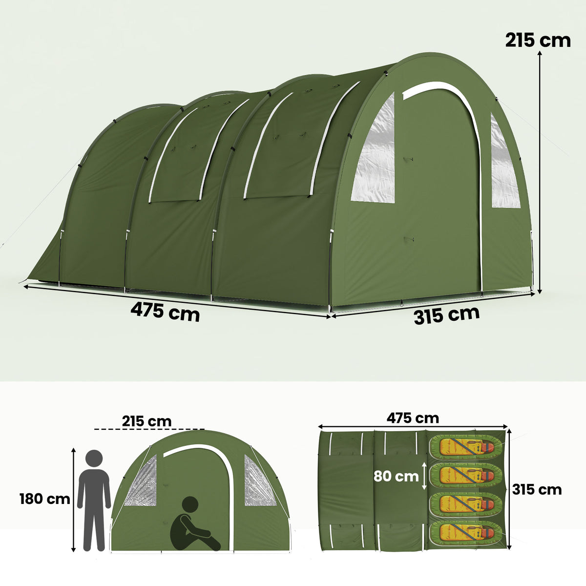 Outsunny 4 Man Camping Tent with 2 Room, Floor and Carry Bag - Green