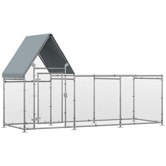 PawHut Walk In Chicken Run Chicken Coop, Duża klatka dla drobiu, kurnik na zewnątrz dla 6-8 kurczaków z wodoodporną osłoną 302 x 107 x 172 cm