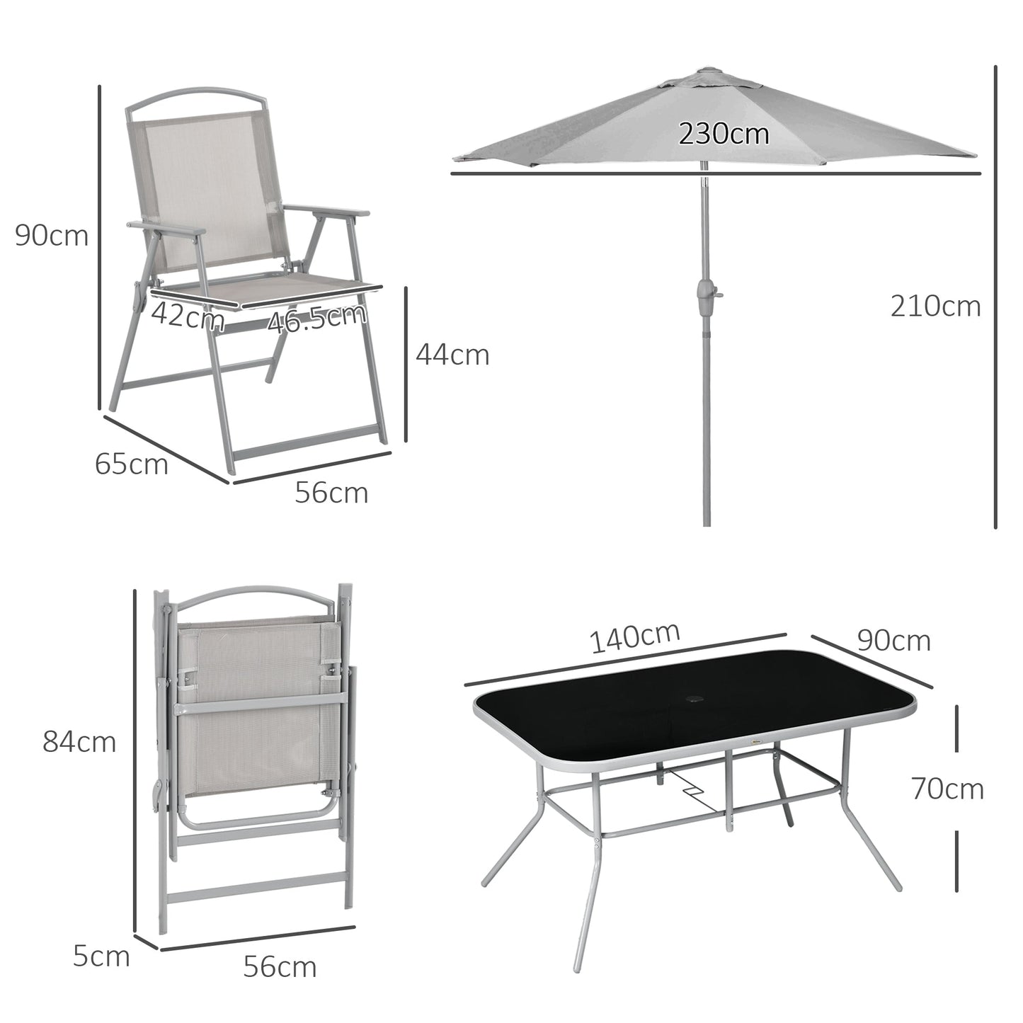 Outsunny Eight-Piece Garden Dining Set, with Chairs, Table and Parasol - Grey