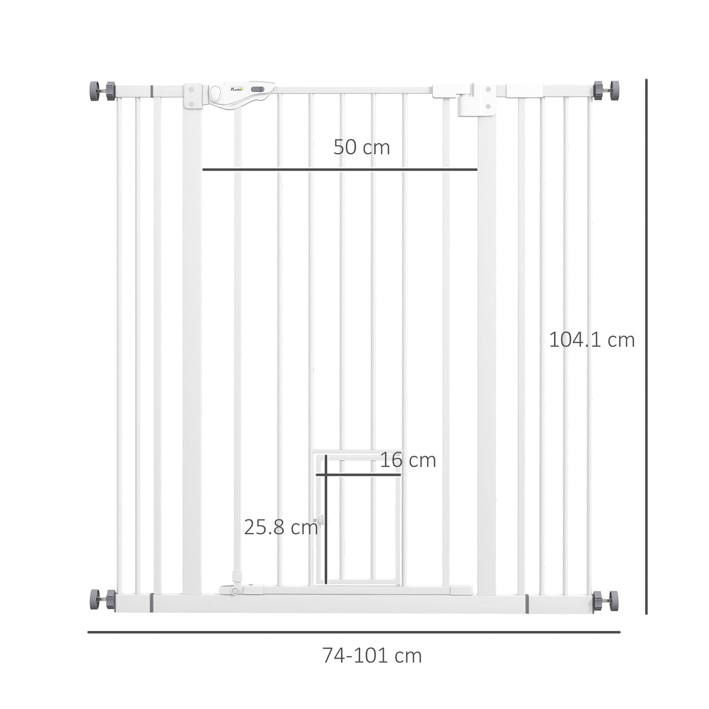 PawHut Extra Tall Indoor Dog Pet Baby Safety Gate, with Cat Flap, Auto Close, 74-101cm Wide - White