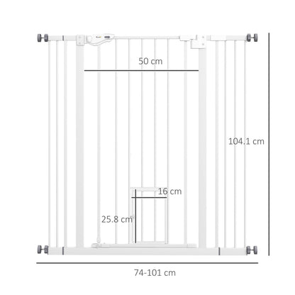 PawHut Extra Tall Indoor Dog Pet Baby Safety Gate, with Cat Flap, Auto Close, 74-101cm Wide - White