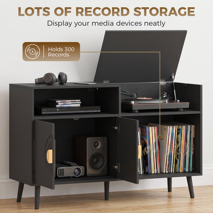 HOMCOM Record Player Stand, Vinyl Record Holder with Storage Holds Up to 300 Albums with Flip-Top Compartment, Black
