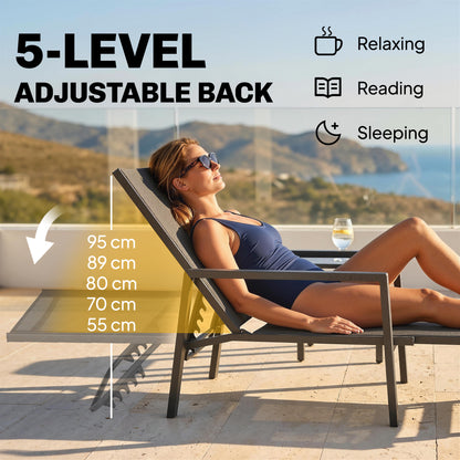 Outsunny Sun Lounger Retractable Footrest 5-Position Adjustable Steel Frame for Beach, Porch, Patio, Camping, Black