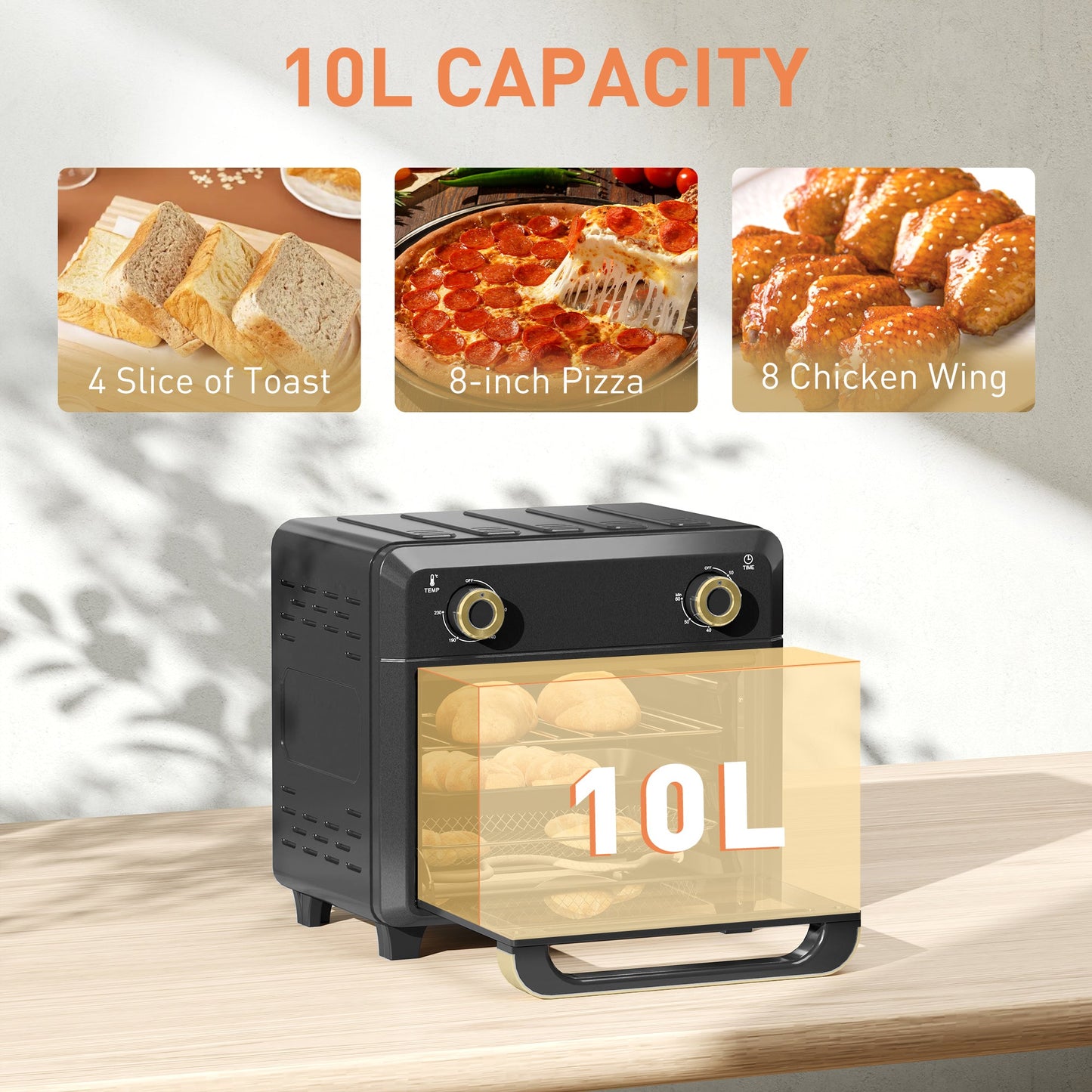 Piekarnik HOMCOM 10L Air Fryer, Mini Piekarnik, Gotowanie Bez Oleju, Grillowanie, Pieczenie, Z Regulowaną Temperaturą, Timer, Można Myć W Zmywarce, 1000 W, Czarny