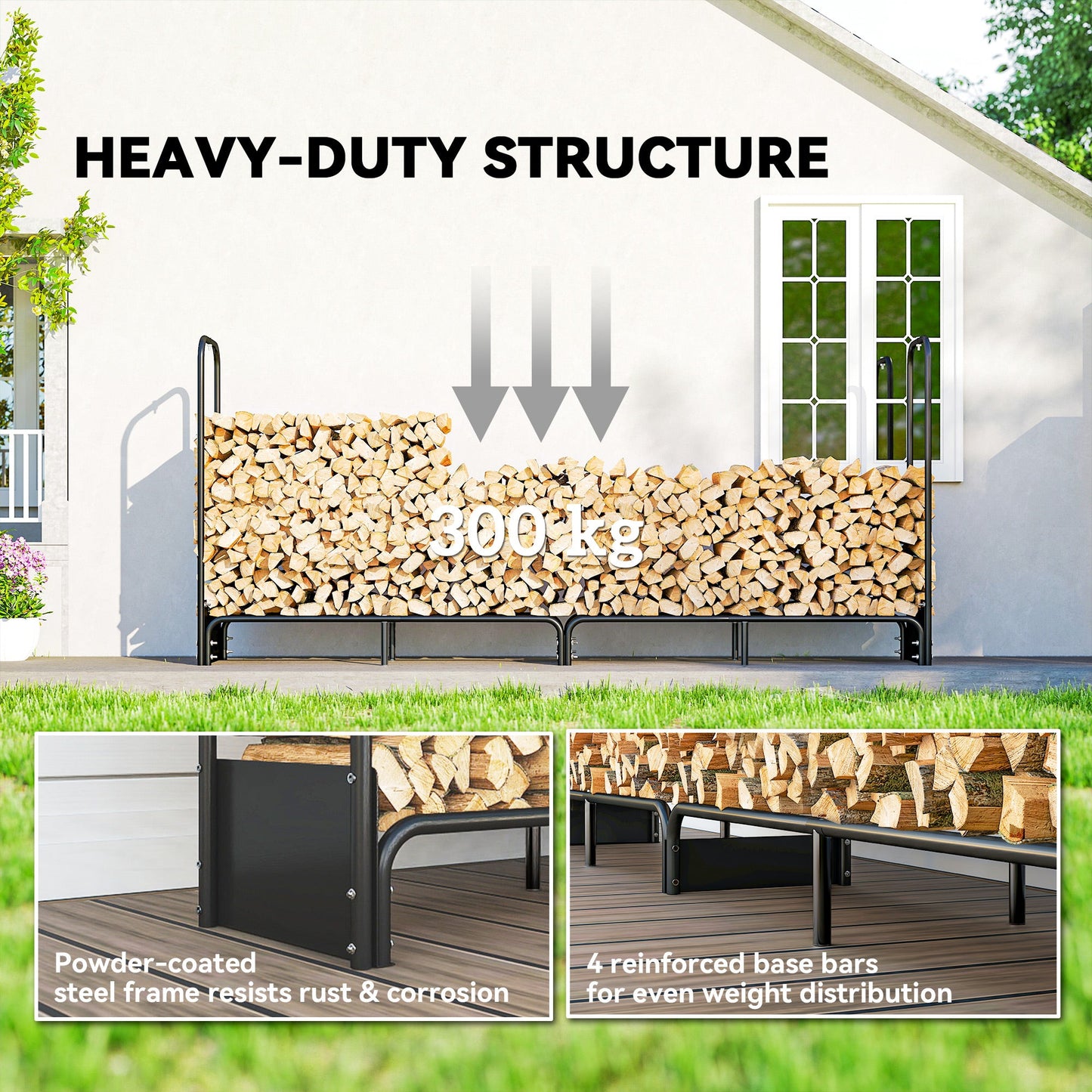 Outsunny 8.5ft Firewood Rack, Heavy Duty Log Storage Holder with Waterproof 600D Oxford Log Cover for Fireplace Fire Pits Outdoor Patio Wood Storage, 300 kg Large Capacity, Black
