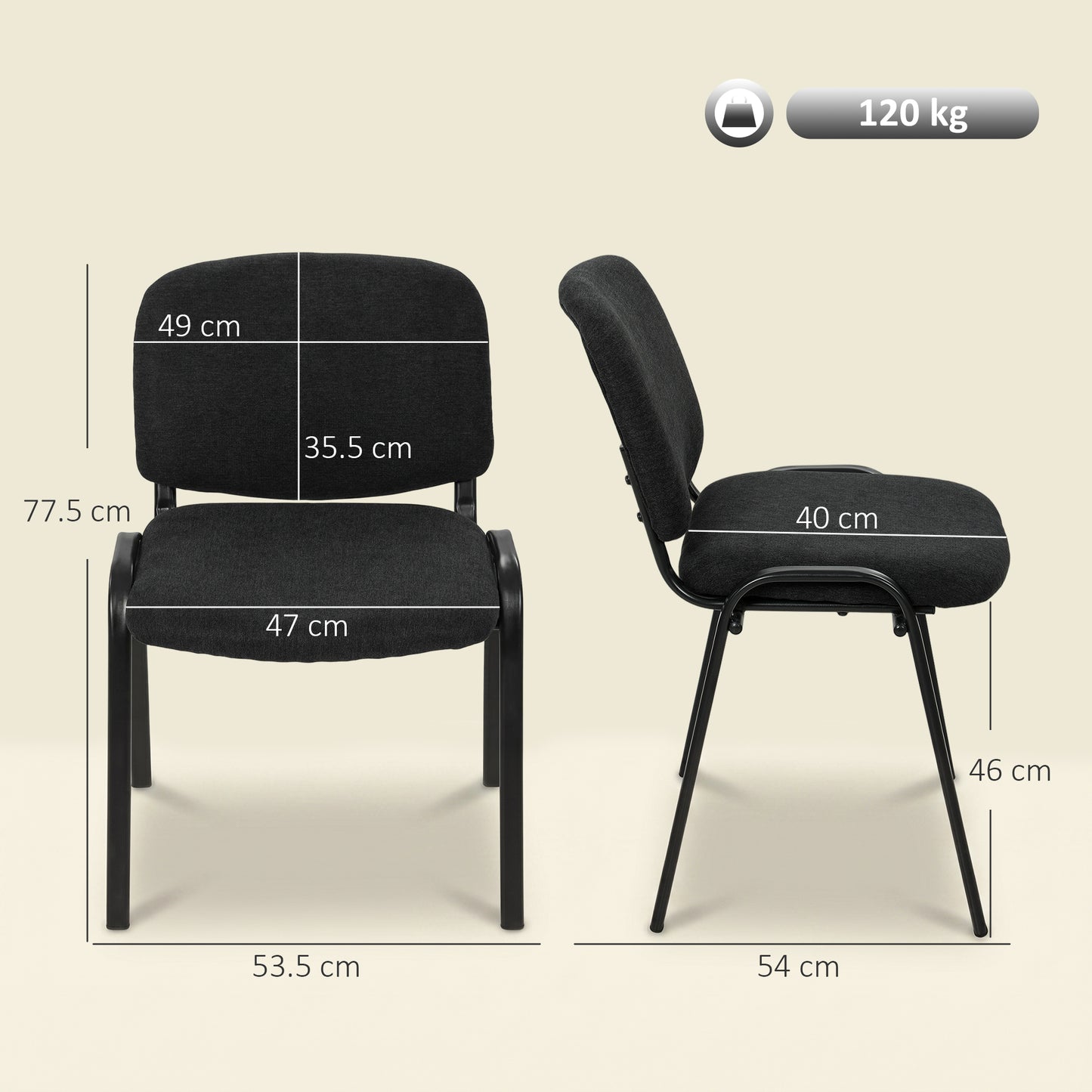 HOMCOM Linen-Look Fabric Reception Chairs, Stackable Meeting Chairs Set of 2 with Backrest, Padded Seat for Office, Black