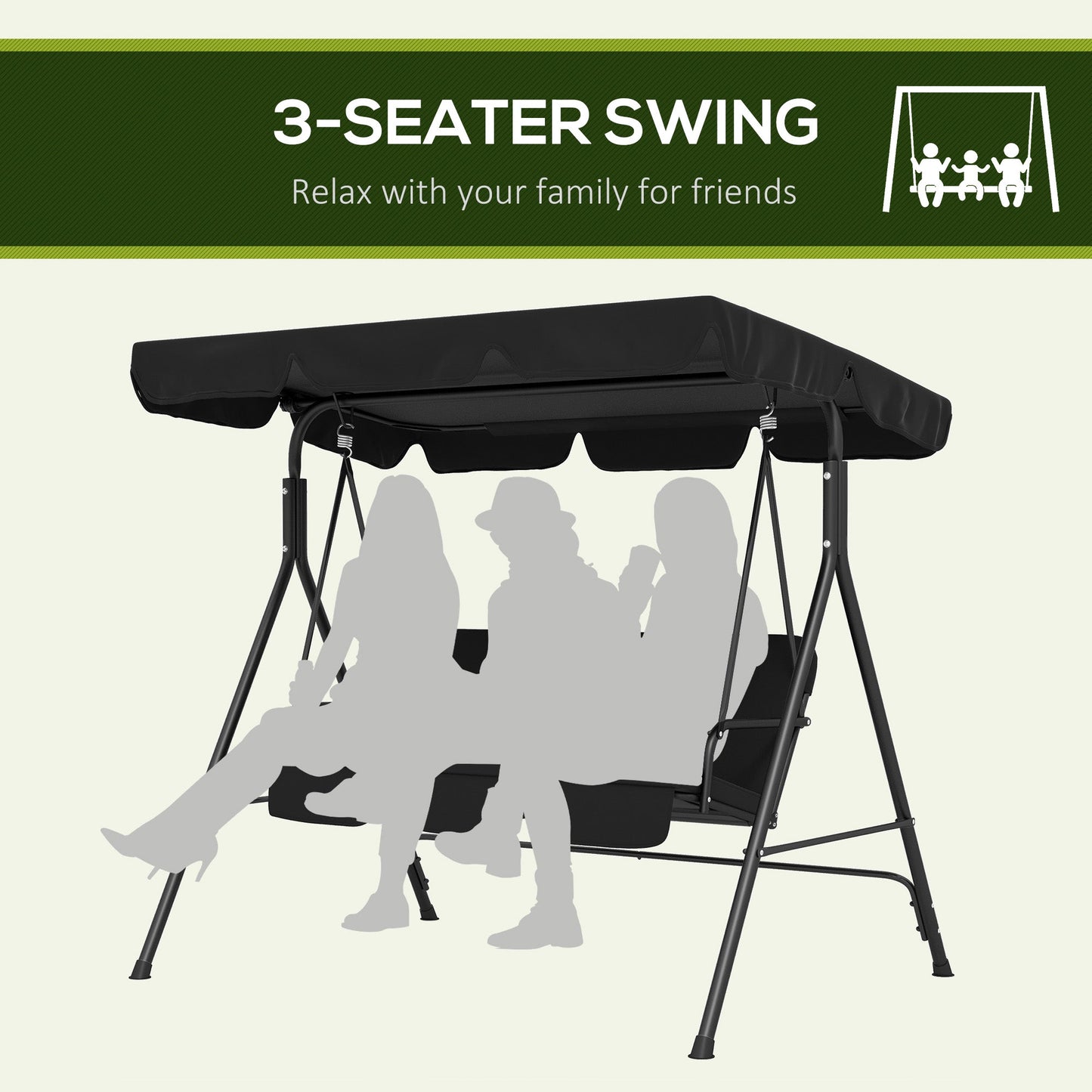 Outsunny 3 Seater Canopy Swing Chair Garden Rocking Bench Heavy Duty Patio Metal Seat w/ Top Roof - Black