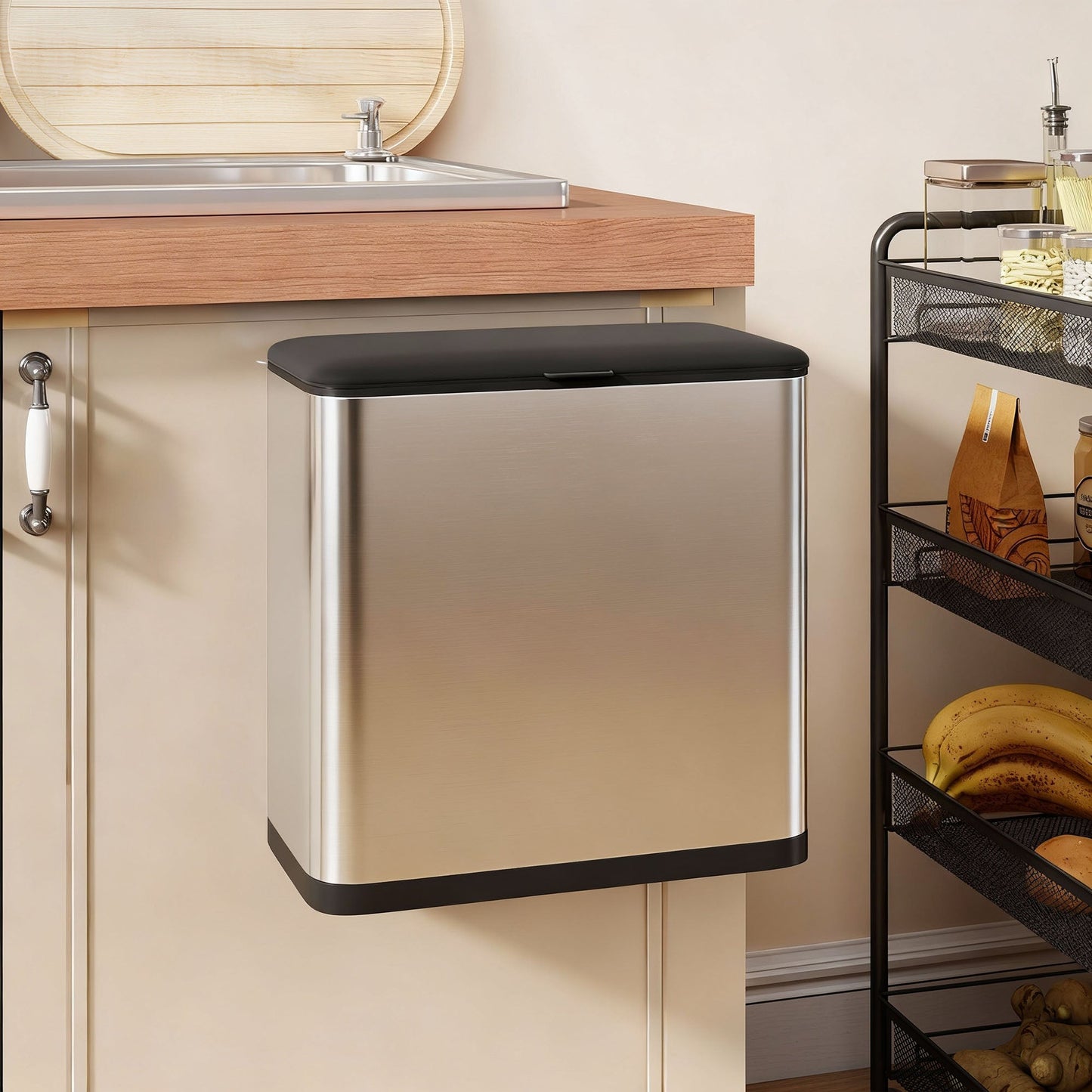 HOMCOM 8L Hanging Kitchen Bin, Rubbish bin with Lid and Removable Inner Bucket for Under Cabinet Door, Under Sink, Office