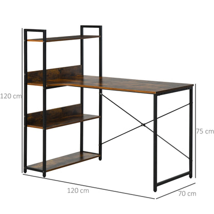 Biurko HOMCOM z półkami, biurko komputerowe 120 cm, industrialny stół do nauki z metalową ramą do małego biura domowego, rustykalny brąz