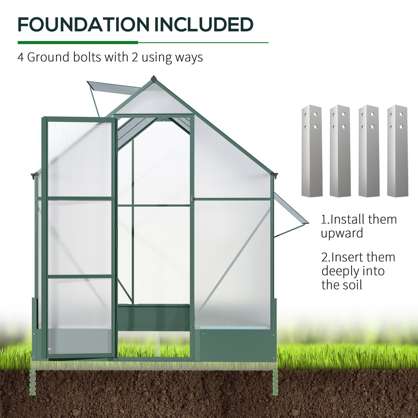 Outsunny Garden Walk-in Aluminium Greenhouse Polycarbonate with Plant Bed ,Temperature Controlled Window, Foundation, 6 x 8ft