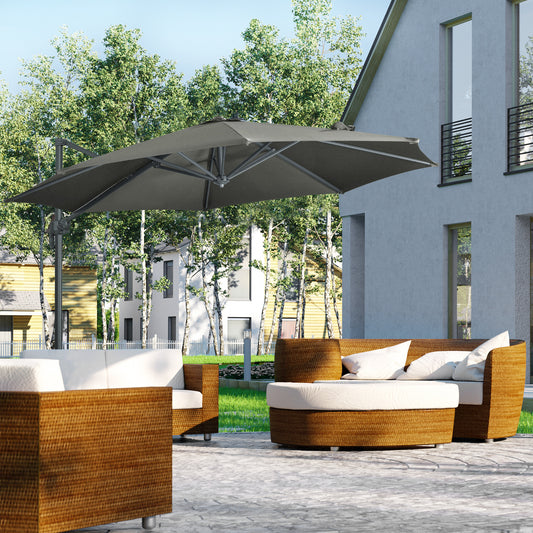 Outsunny 3 x 3(m) Parasol wysięgnikowy z podstawą krzyżową, parasol ogrodowy z obrotem 360√Ç¬∞, korbą i pochyleniem do użytku na zewnątrz, na patio, szary