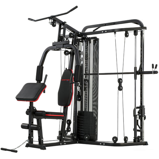 SPORTNOW Home Multi Gym Smith Machine with 65kg Weight Stack, Cable Pulley System, Chest Station, Preacher Pad & Leg Developer