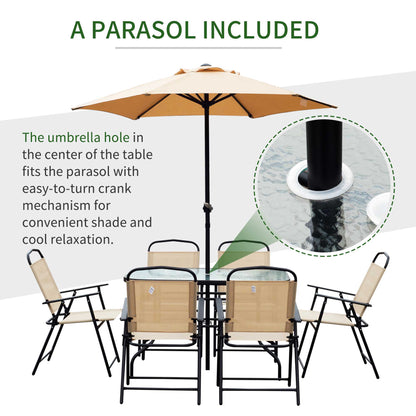 Outsunny 8 Pieces Dining Set Furniture Garden Foldable 6 Chairs 1 Table with Parasol Beige
