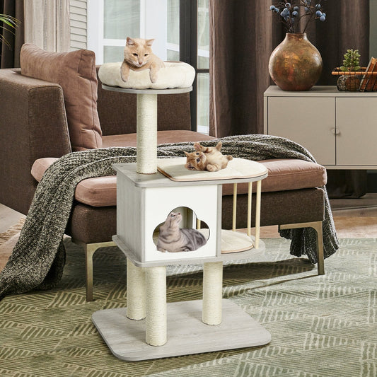 Modern Wooden Cat Tower with Platform-Grey