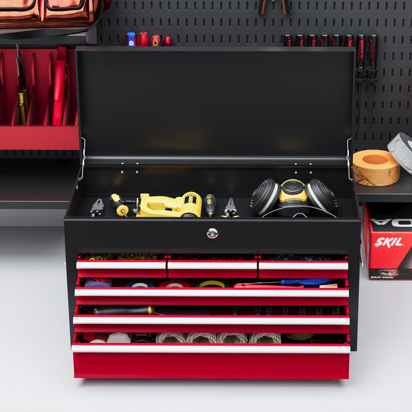 6 Drawer Tool Chest, Lockable Metal Tool Box with Top Case, Ball Bearing Runners, Portable Toolbox, 600mm x 260mm x 340mm, Red