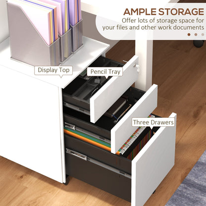 Vinsetto 3-Drawer Vertical Filing Cabinet w/ Lock & Pencil Tray, Steel Mobile File Cabinet w/ Adjustable Hanging Bar for A4 & Letter Size, White