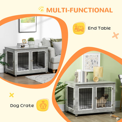 PawHut Dog Crate Furniture, Side End Table, Indoor Dog Kennel with Soft Washable Cushion, Wire Mesh, Large Top, for Medium and Large Dogs,90 x 58 x 65, Grey