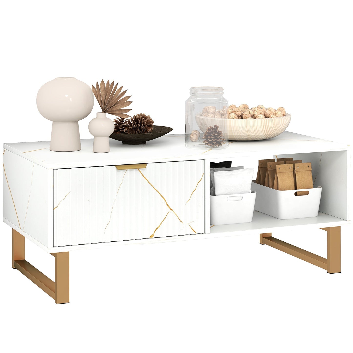 HOMCOM Elegant Marble Effect Storage Coffee Table - White