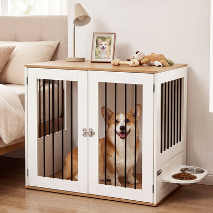 80 cm Indoor Wooden Dog Kennel with Double Lock Doors and 360° Rotating Feeder-White