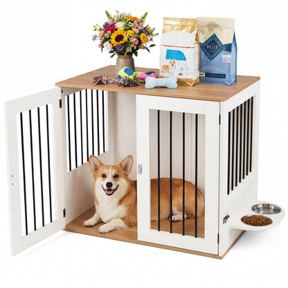 80 cm Indoor Wooden Dog Kennel with Double Lock Doors and 360° Rotating Feeder-White