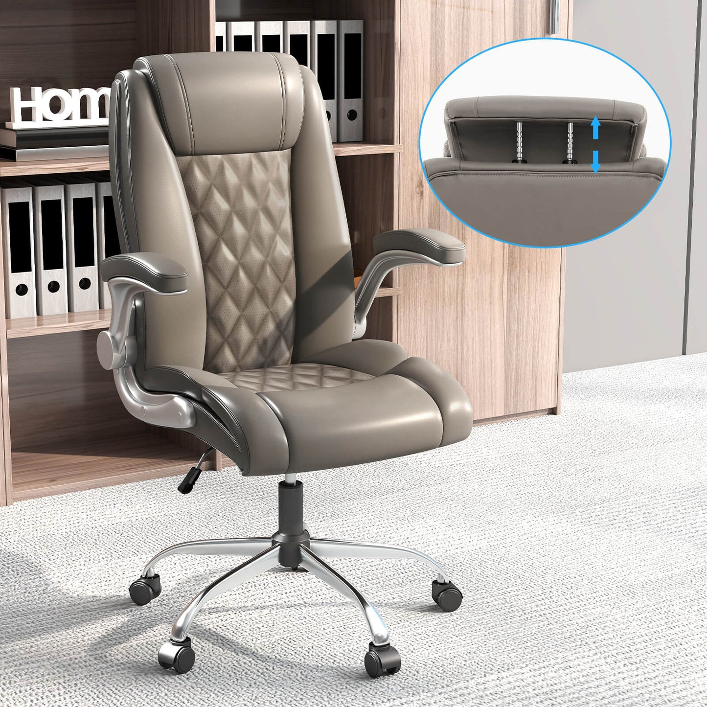 PU Leather Office Chair Height Adjustable Executive Chair with Headrest-Grey