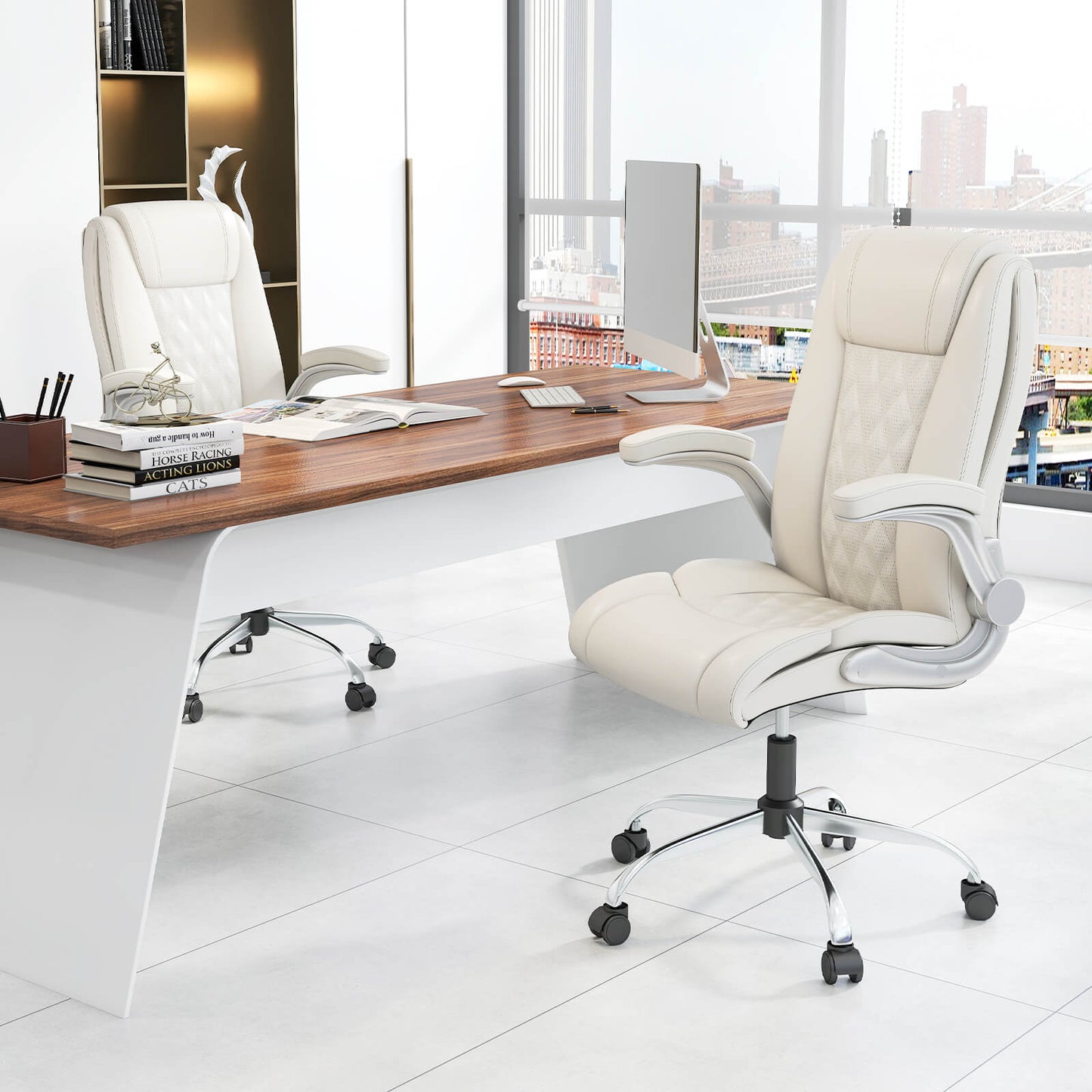 PU Leather Office Chair Height Adjustable Executive Chair with Headrest-Beige