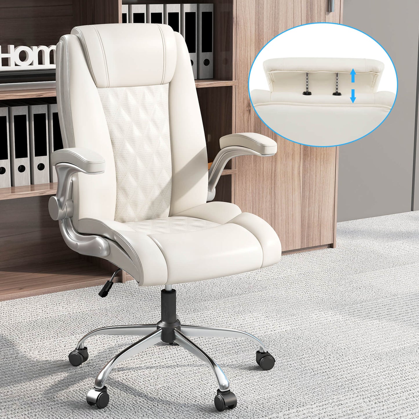 PU Leather Office Chair Height Adjustable Executive Chair with Headrest-Beige