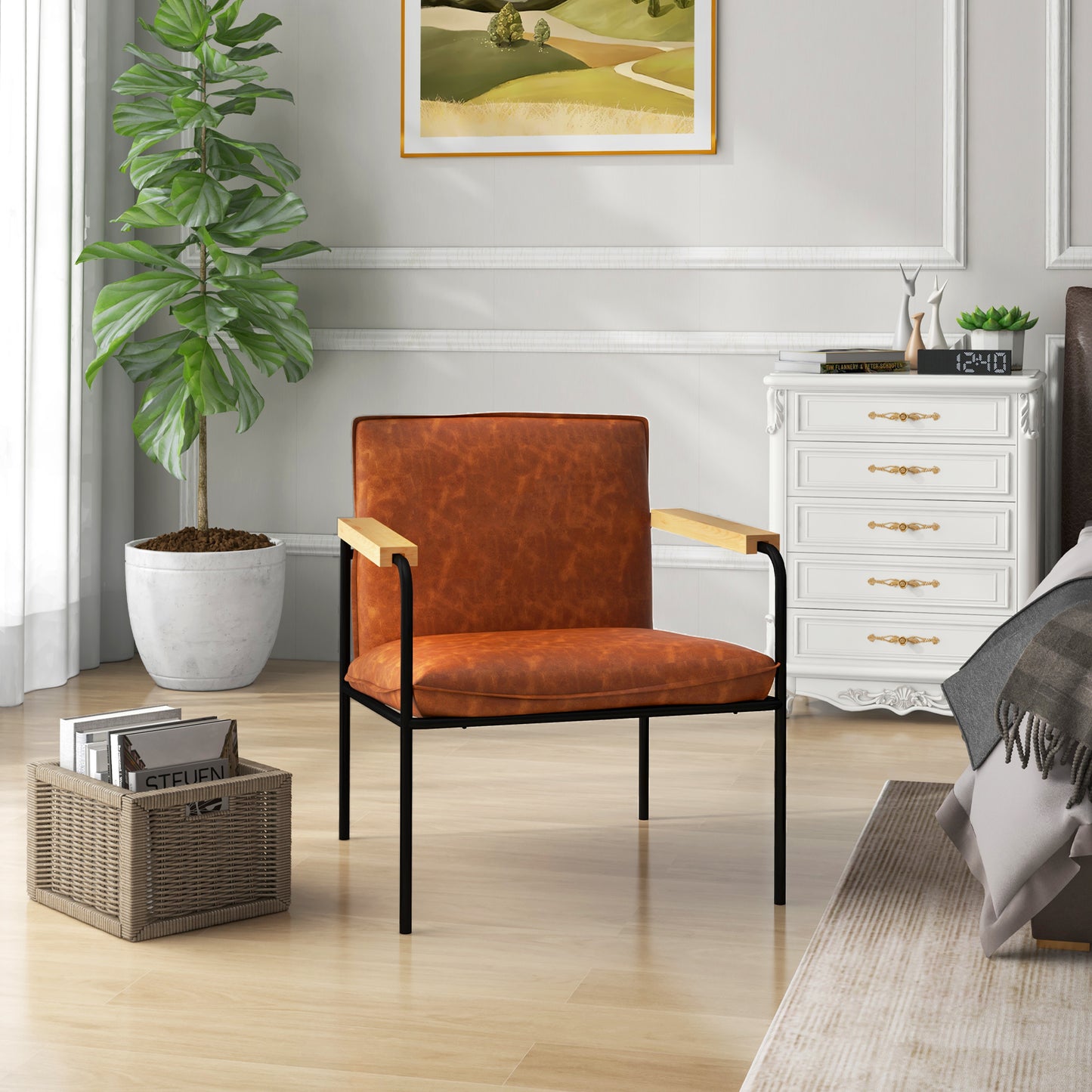 PU Leather Accent Chair with Armrests Backrest and Seat Cushion-Camel