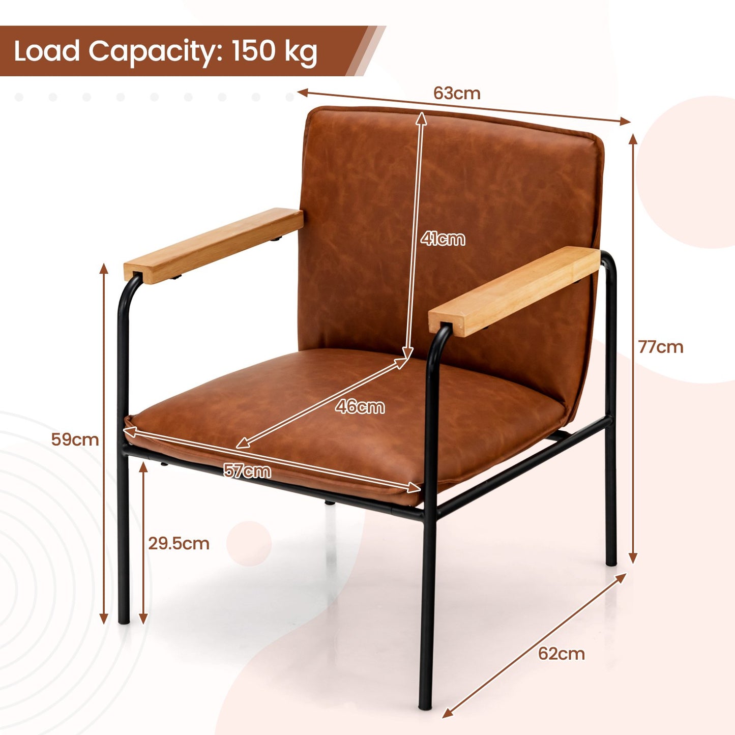 PU Leather Accent Chair with Armrests Backrest and Seat Cushion-Camel