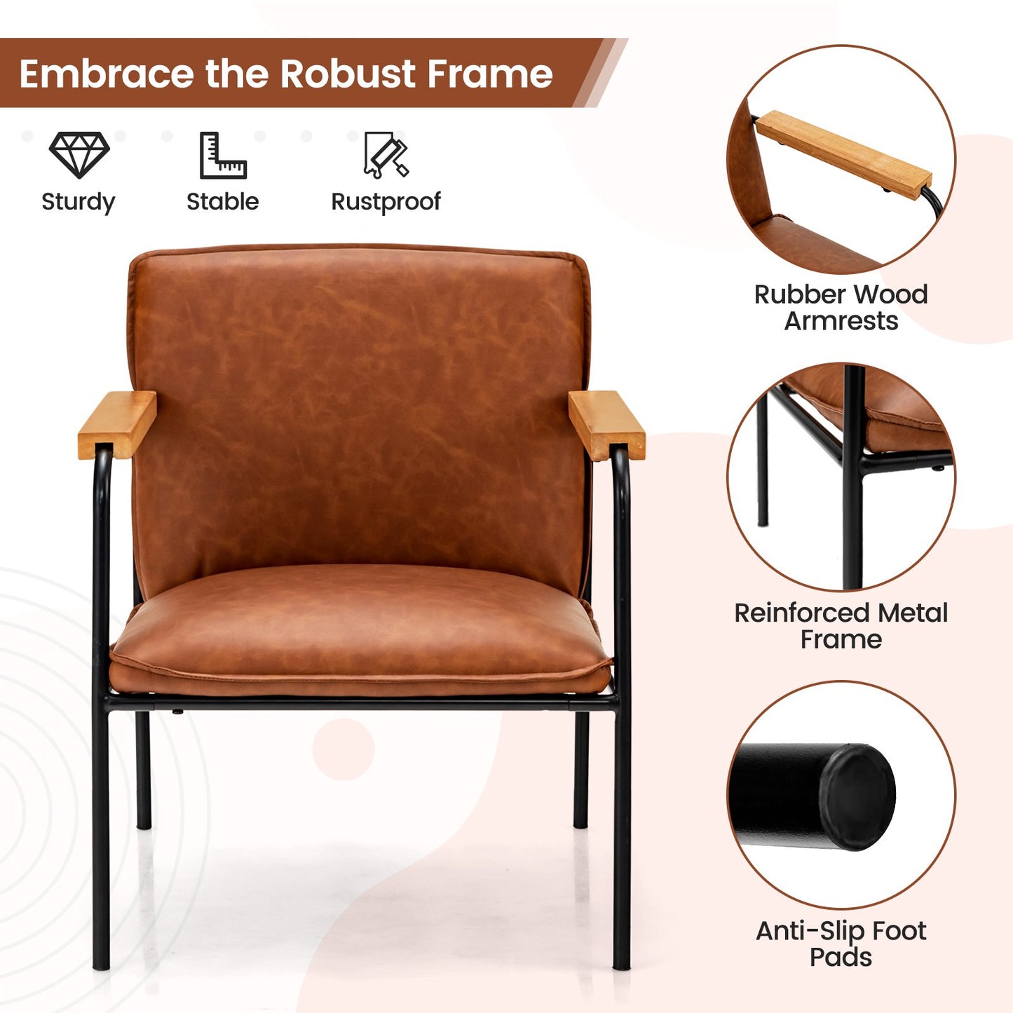 PU Leather Accent Chair with Armrests Backrest and Seat Cushion-Camel