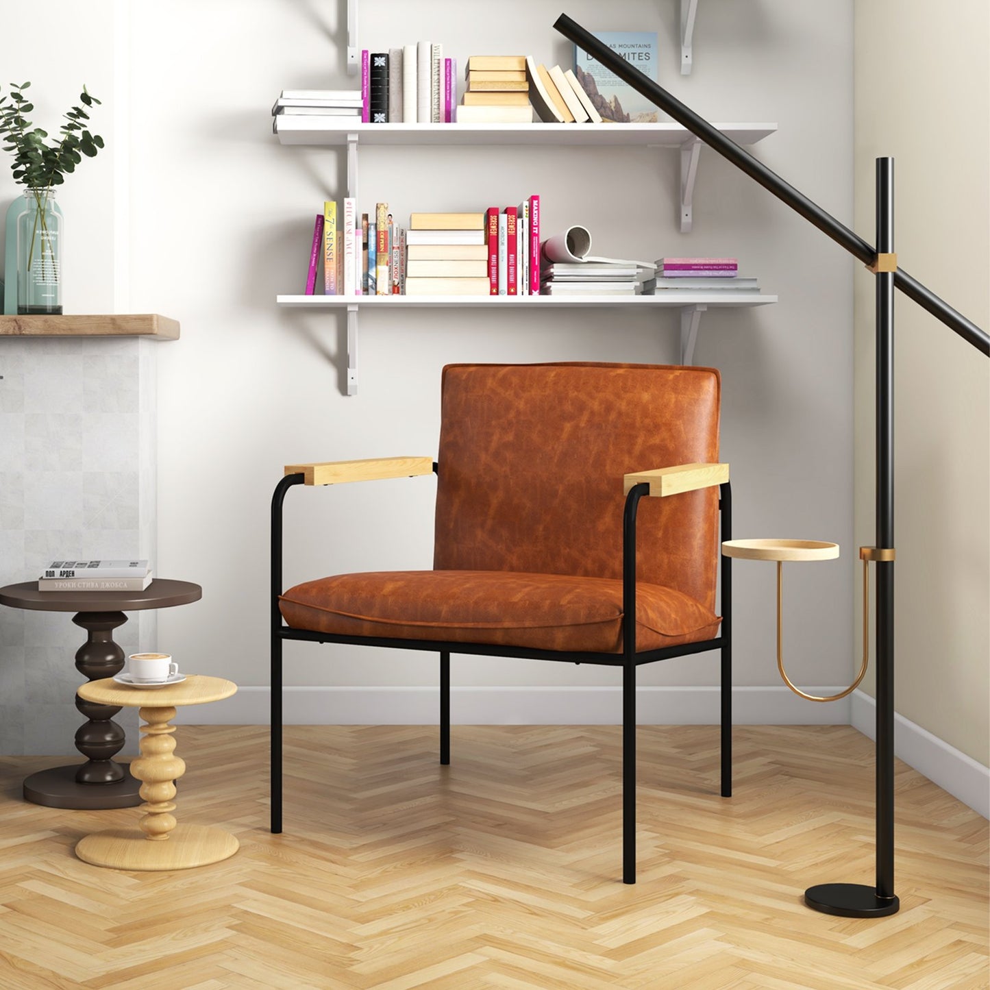 PU Leather Accent Chair with Armrests Backrest and Seat Cushion-Camel