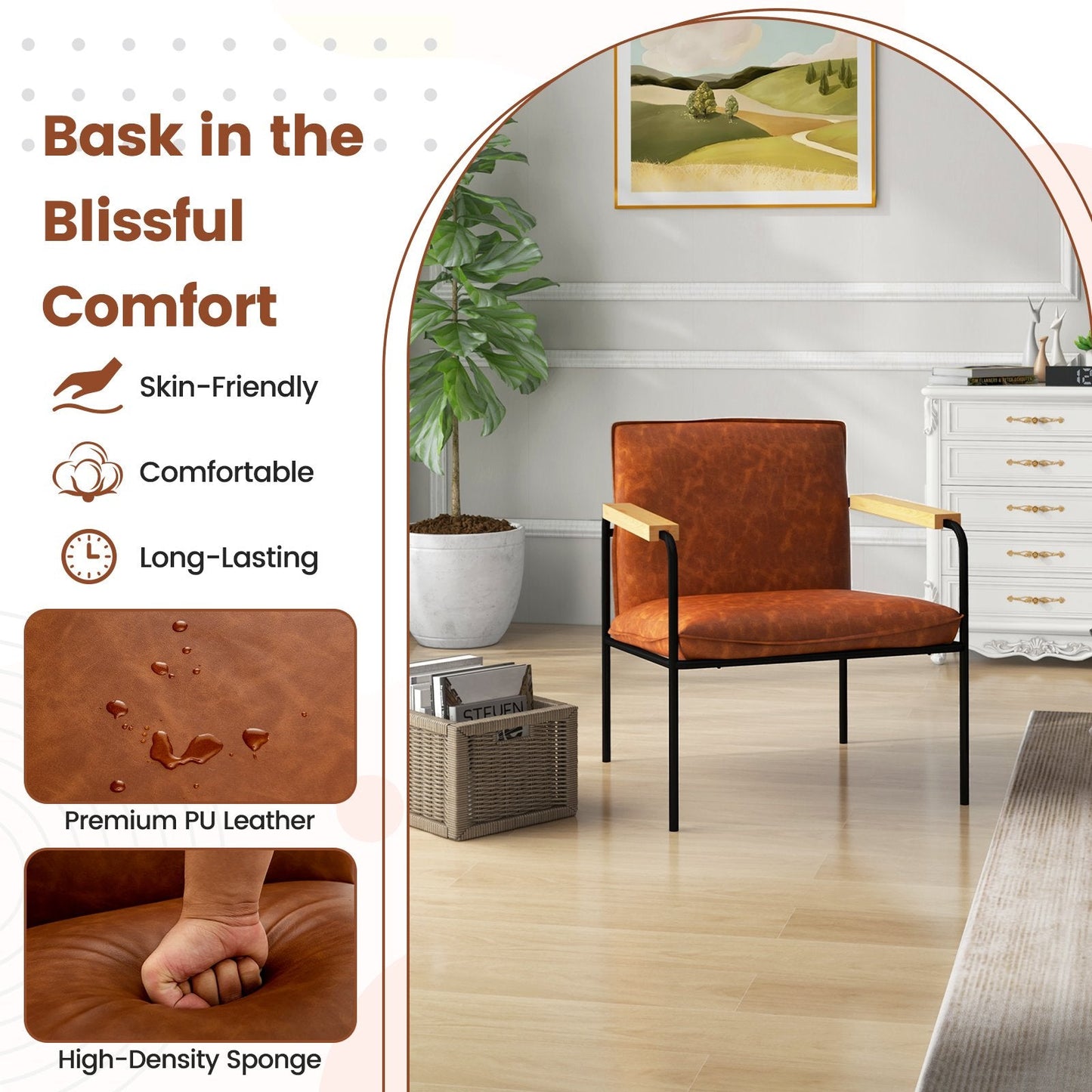 PU Leather Accent Chair with Armrests Backrest and Seat Cushion-Camel