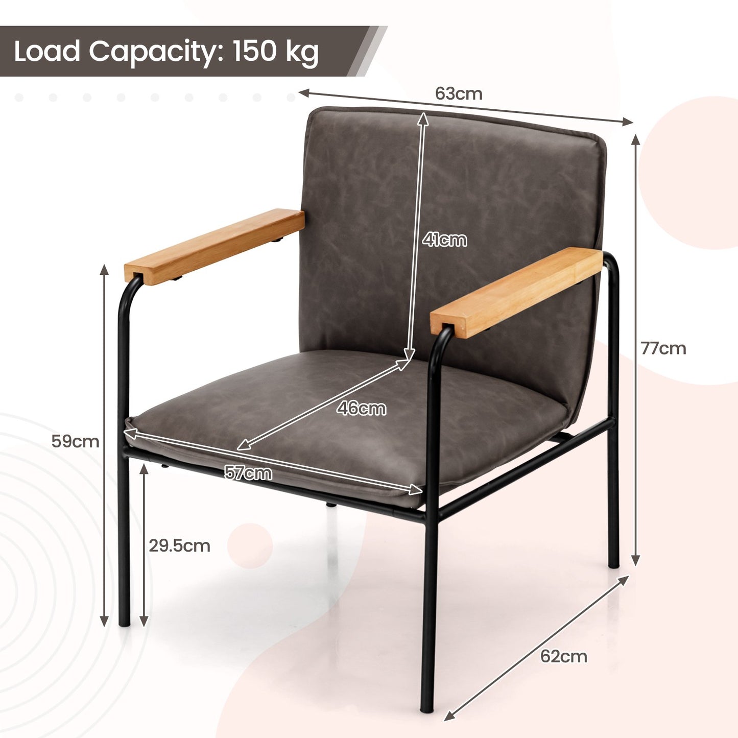 PU Leather Accent Chair with Armrests Backrest and Seat Cushion-Grey