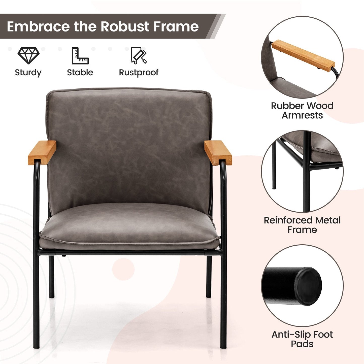 PU Leather Accent Chair with Armrests Backrest and Seat Cushion-Grey