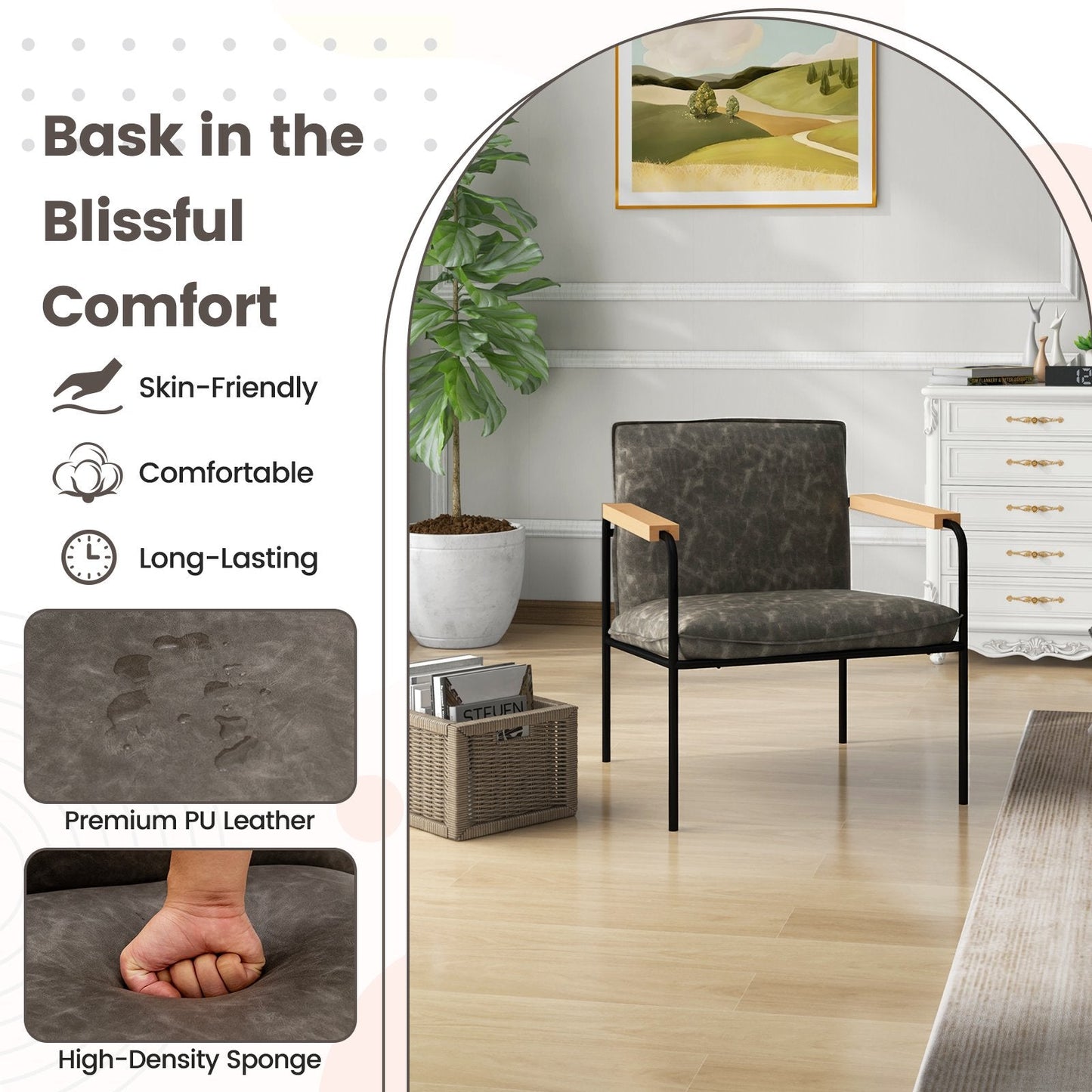 PU Leather Accent Chair with Armrests Backrest and Seat Cushion-Grey