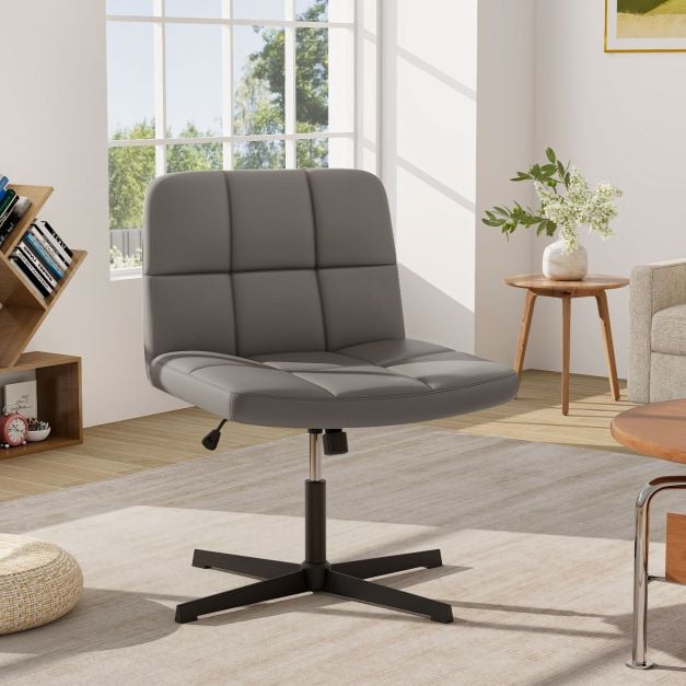 PU Leather Upholstered Armless Cross Legged Office Desk Chair No Wheels-Grey