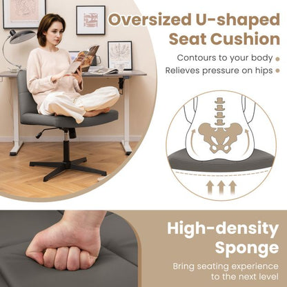 PU Leather Upholstered Armless Cross Legged Office Desk Chair No Wheels-Grey