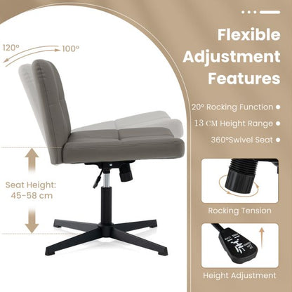 PU Leather Upholstered Armless Cross Legged Office Desk Chair No Wheels-Grey