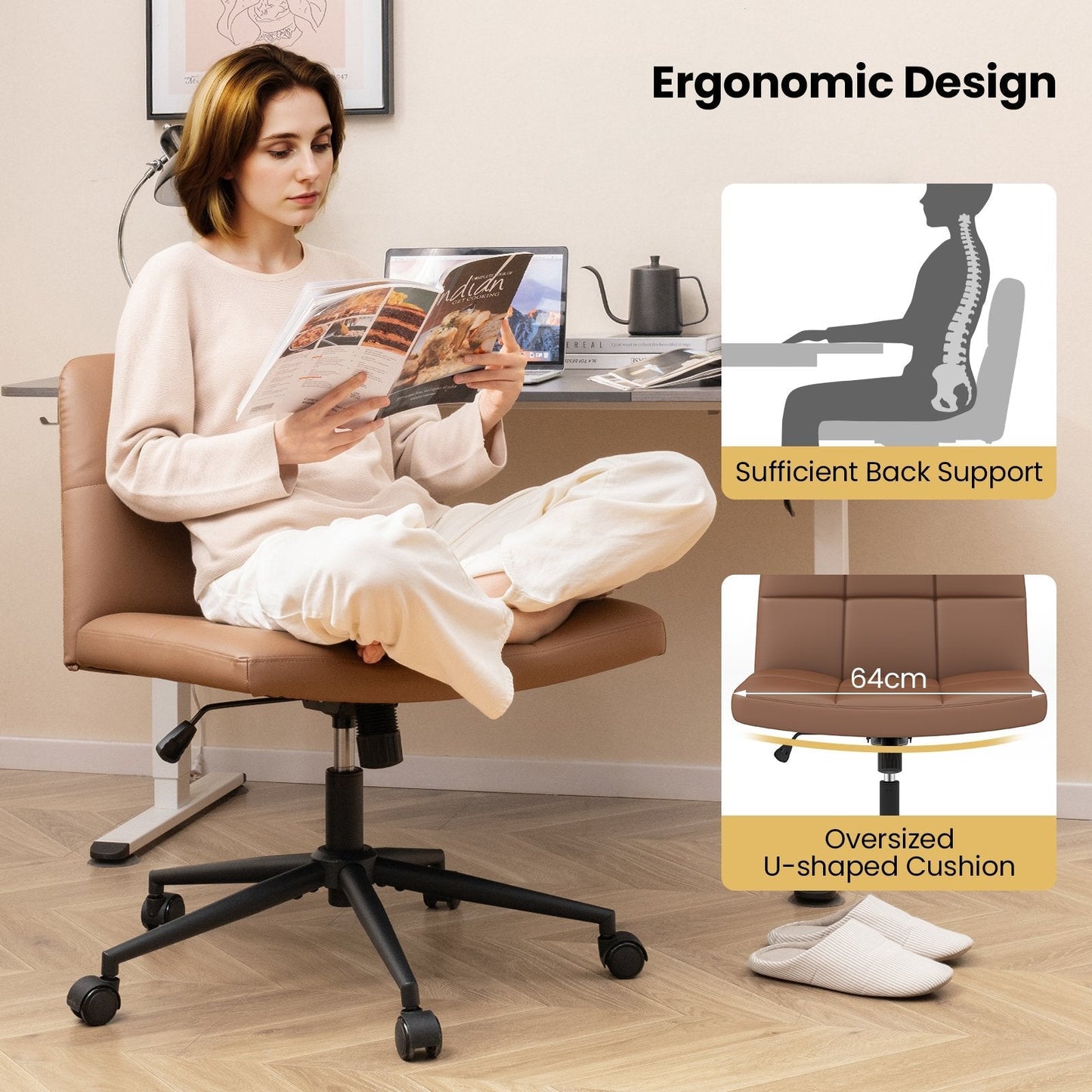 PU Leather Upholstered Cross-legged Office Chair with Wheels-Brown