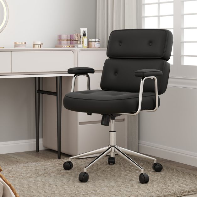 PU Leather Upholstered Desk Office Chair with Button Tufted Back-Black