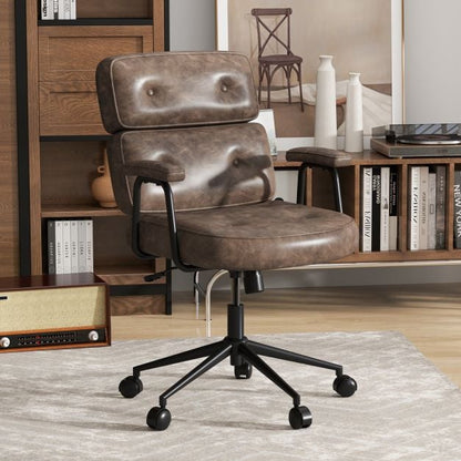 PU Leather Upholstered Desk Office Chair with Button Tufted Back-Brown