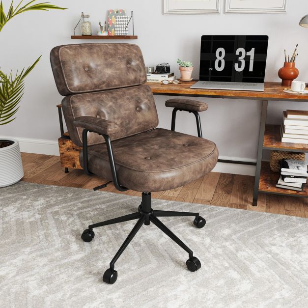 PU Leather Upholstered Desk Office Chair with Button Tufted Back-Brown