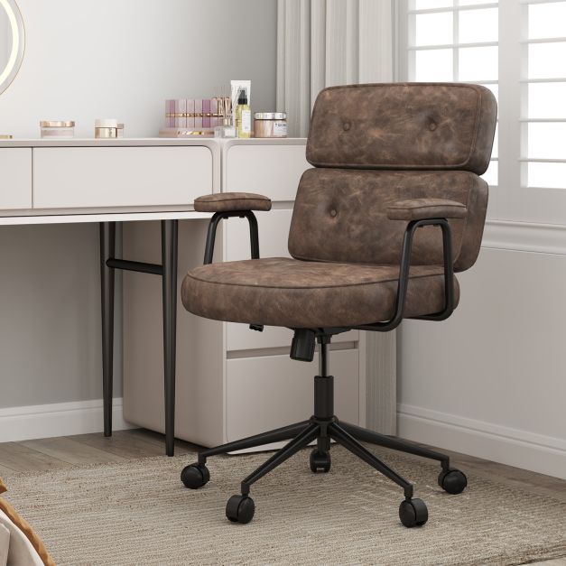 PU Leather Upholstered Desk Office Chair with Button Tufted Back-Brown